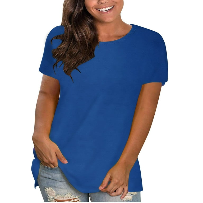 TrendVibe365 Plus Size Ladies Tops and Blouses Blue Shirts Plain Solid Formal Tops Crew Neck Tshirts Short Sleeve Tee Blouse Flowy Resort Wear Walmart