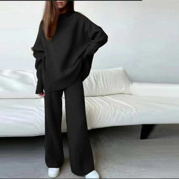 TrendVibe365 Plus Size Lounge Sets Solid Color Crewneck Long Sleeve Shirts and Wide Leg Long Pants Casual Travel Pajamas Lounge Set Loungewear Summer Outfits