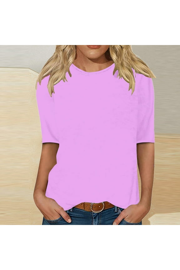 Plus Size Tops for Women Trendy Purple Shirts Plain Solid Novelty Tops Crew Neck T-Shirt Elbow Sleeve Tee Blouse Trendy Resort Wear