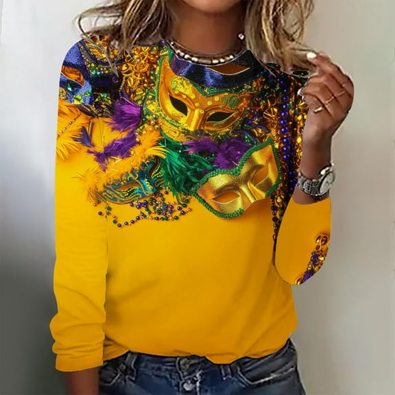 TrendVibe365 Plus Size Tunic Tops for Women Long Sleeve Plus Size with Crew Neck Polyester Casual Mask Printed Mardi Gras Celebrations Blouse Tops for Mardi Gras Event Yellow 2XL
