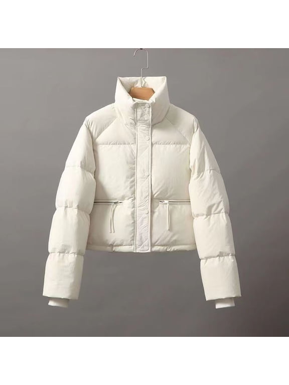Puffer Coat Women Crop Top White Long Sleeve Down Jacket Turtleneck Waist Length Winter Coats Midweight Warm Outerwear Solid Thick Coat Zip Winter Clothes with Pockets 2023 Overcoat