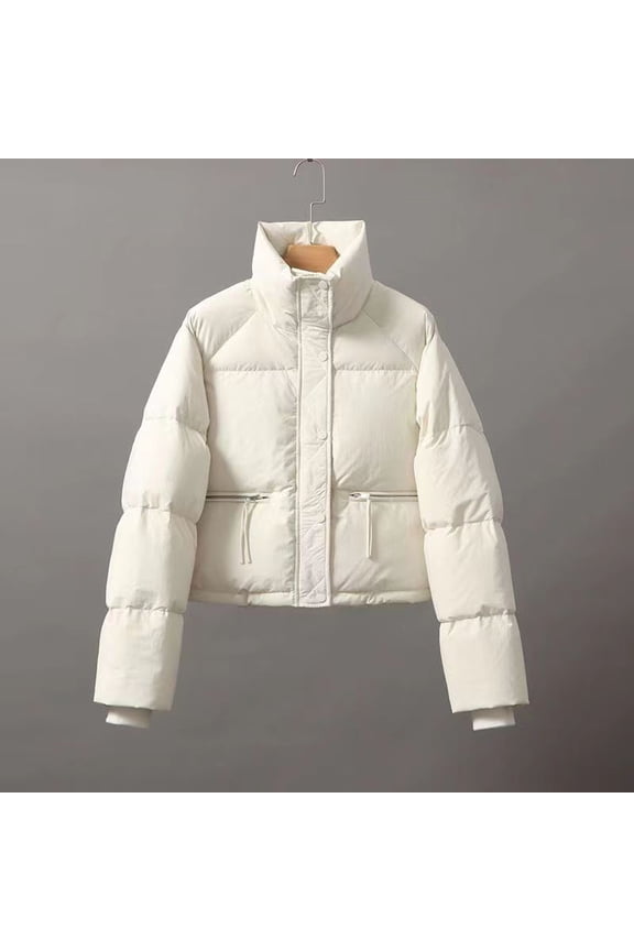 Puffer Coat Women Crop Top White Long Sleeve Down Jacket Turtleneck Waist Length Winter Coats Midweight Warm Outerwear Solid Thick Coat Zip Winter Clothes with Pockets 2023 Overcoat