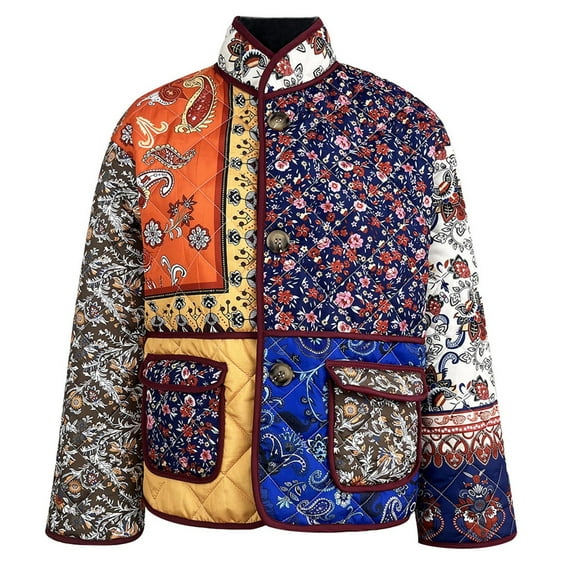 TrendVibe365 Puffer Coat Women Red Long Sleeve Winter Jackets Stand Collar Quilted Floral Winter Coat Crop Outwear Button Padded Lightweight Overcoat 2023 Warm Puffy Clothes L