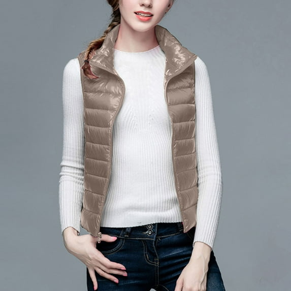 successthop Puffer Coat Women Sleeveless Down Jacket No Hood Waist Length Winter Coats Lightweight Warm Outerwear Plain Thick Coat Zip Winter Clothes Soft Comfy Outfits