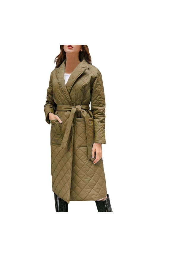 Puffer Jacket Women Green Long Sleeve Down Jacket without Hood Below Knee Winter Coats Midweight Warm Outerwear Plain Thick Coat with Belts Buttons Winter Clothes with Pockets