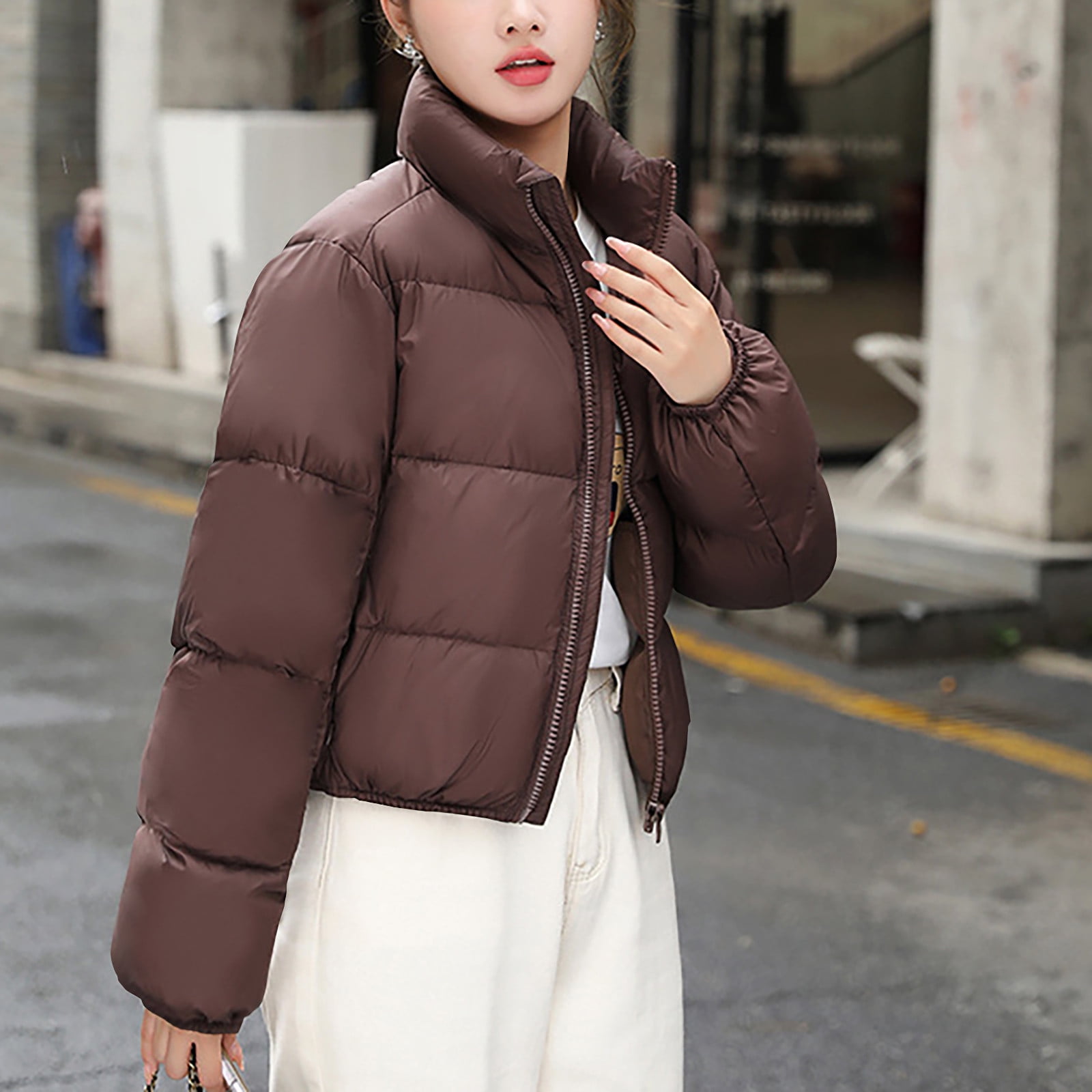 TrendVibe365 Puffer Jackets for Women Brown Long Sleeve Winter Jackets ...