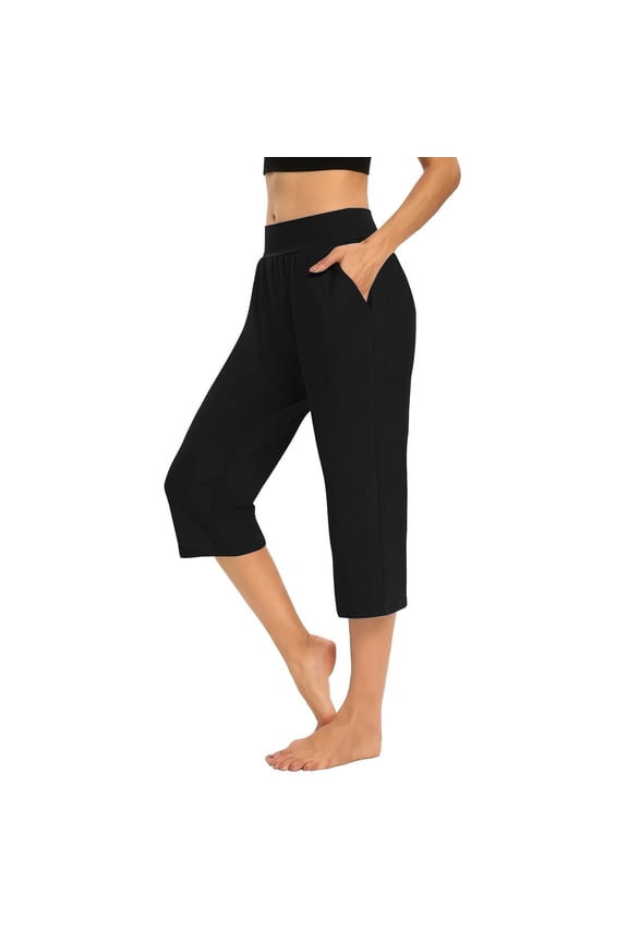 Pull on Capris for Women Workout Trousers Stretchy Yoga Capris Running Mid Rise Straight Leg Pedal Pushers Capris Pants Casual Pull on Elastic Waist Trousers w Pockets Soft Resort
