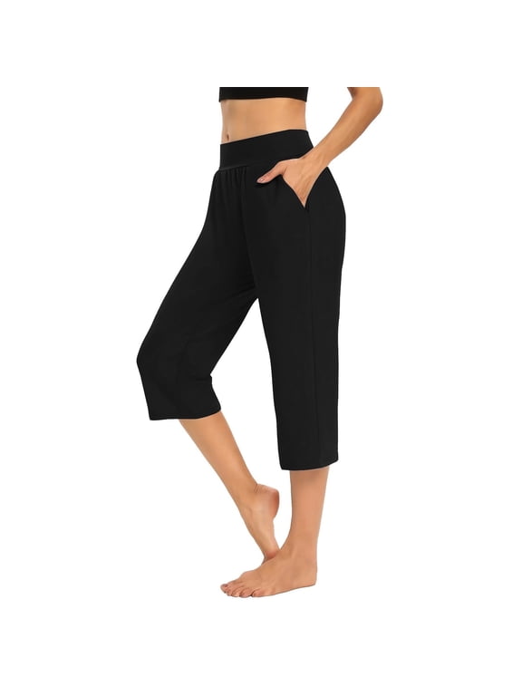 Pull on Capris for Women Workout Trousers Stretchy Yoga Capris Running Mid Waisted Straight Leg Pedal Pushers Capris Pants Casual Pull on Elastic Waistband Trousers w Pockets Comfy 2024