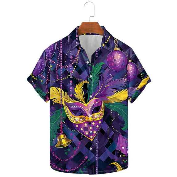TrendVibe365 Purple Button down Shirt Men Plus Size Long Sleeve Polyester Casual Button up Mask Printed Mardi Gras Celebrations Blouse Tops for Mardi Gras Event S