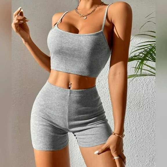 successthop Ribbed Lounge Sets for Women 2 Piece Solid Color Croped Ribbed Knit Bandeau Sleeveless Cami Shirts and Shorts Basic Travel Pajamas Lounge Set Loungewear Summer Outfits