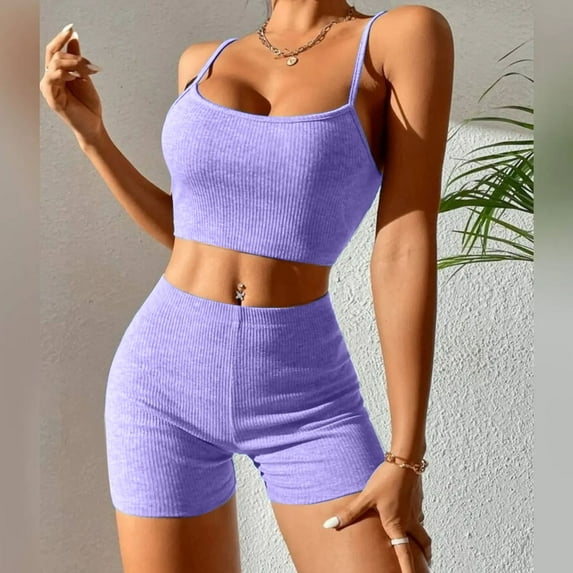 successthop Ribbed Lounge Sets for Women 2 Piece Solid Color Croped Ribbed Knit Bandeau Sleeveless Cami Shirts and Shorts Casual Travel Pajamas Lounge Set Loungewear Summer Outfits