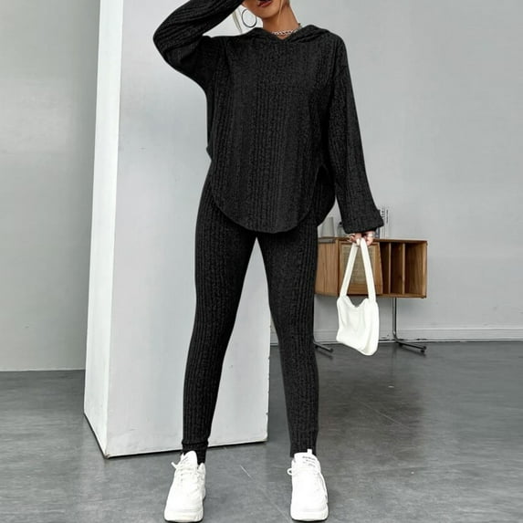 successthop Ribbed Lounge Sets for Women 2 Piece Solid Color Ribbed Knit Crewneck Long Sleeve Shirts and Long Pants Casual Travel Pajamas Lounge Set Loungewear Summer Outfits