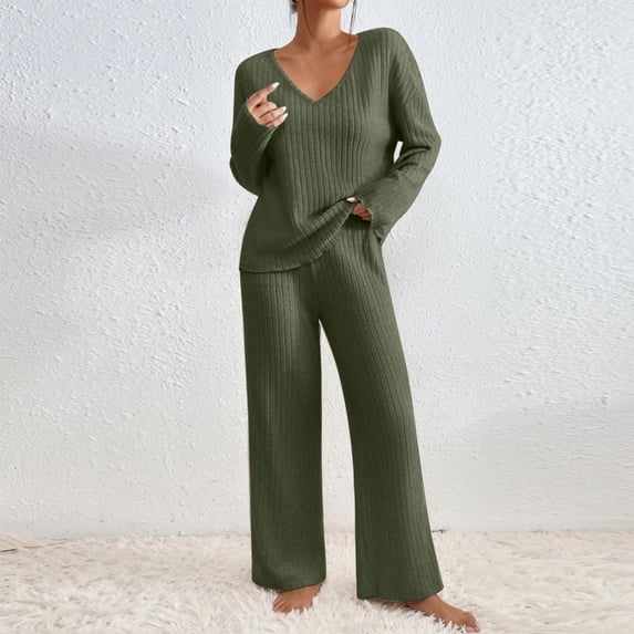 successthop Ribbed Lounge Sets for Women 2 Piece Solid Color Ribbed Knit V Neck Long Sleeve Shirts and Wide Leg Long Pants Casual Travel Pajamas Lounge Set Loungewear Summer Outfits