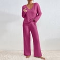 thumbnail image 1 of successthop Ribbed Lounge Sets for Women 2 Piece Solid Color Ribbed Knit V Neck Long Sleeve Shirts and Wide Leg Long Pants Fashion Vacation Pajamas Lounge Set Loungewear Summer Outfits, 1 of 5