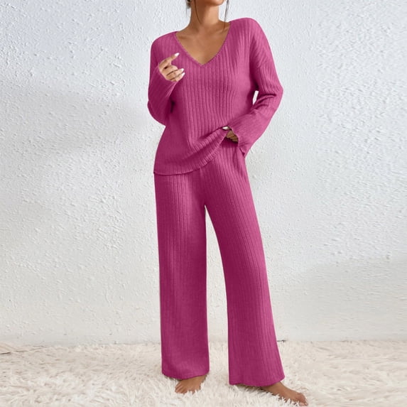 successthop Ribbed Lounge Sets for Women 2 Piece Solid Color Ribbed Knit V Neck Long Sleeve Shirts and Wide Leg Long Pants Fashion Vacation Pajamas Lounge Set Loungewear Summer Outfits