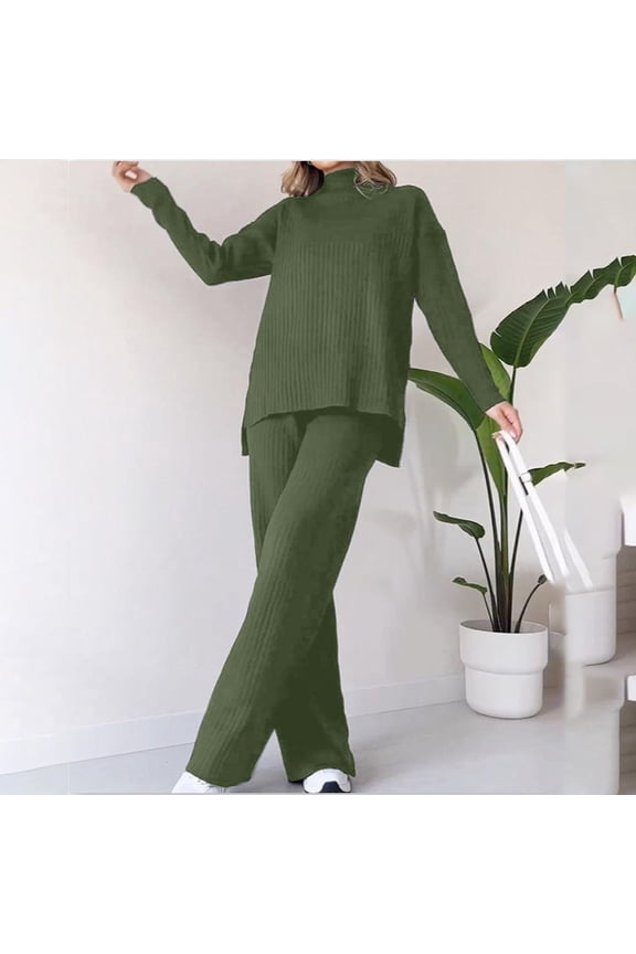 TrendVibe365 Ribbed Lounge Sets for Women 2 Piece Winter High Collar Loose Casual Two Piece Solid Color Knitted Set Long Sleeve Round Neck Top Set Green XL