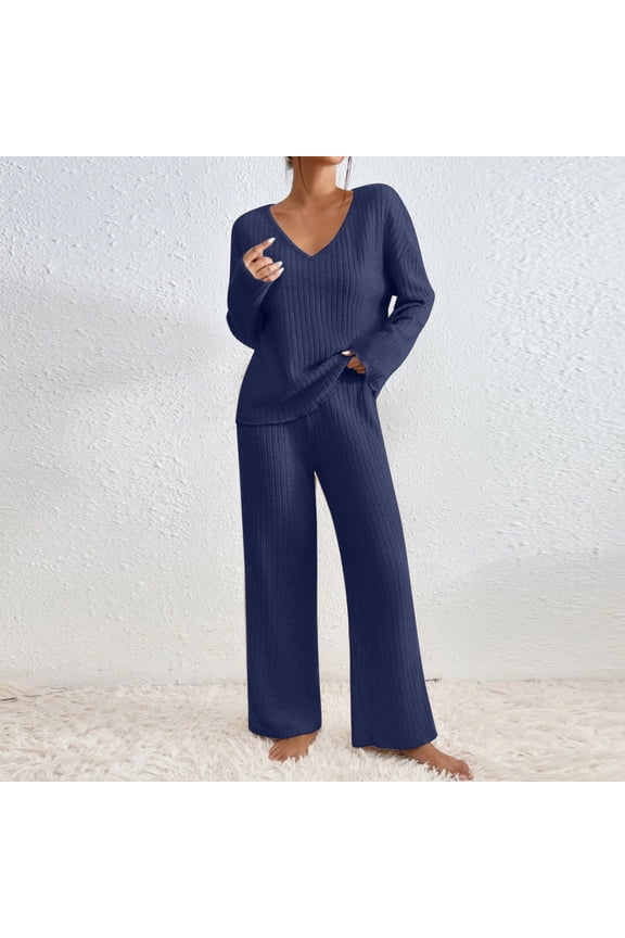 Ribbed Lounge Sets for Women Solid Color Ribbed Knit V Neck Long Sleeve Shirts and Wide Leg Long Pants Cosy Loose Fit Pajamas Lounge Set Loungewear Summer Outfits