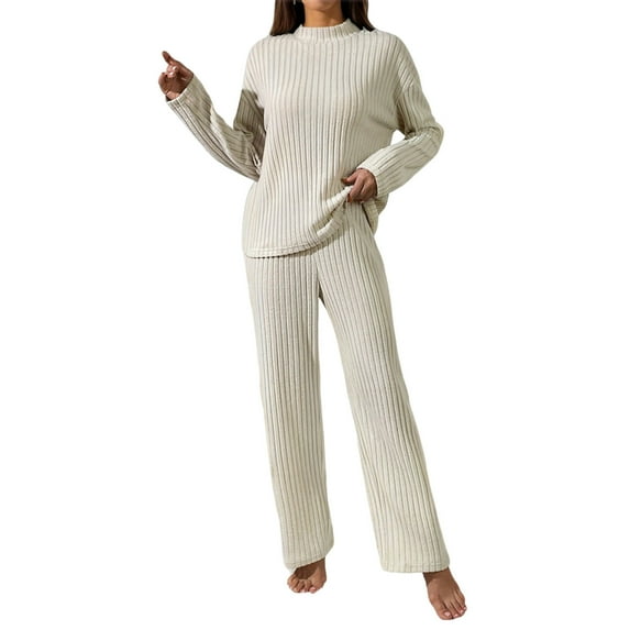successthop Ribbed Lounge Sets for Women Jogger Fall Winter Slim St Collar Long Sleeve Loose Wide Leg Pants Beige S
