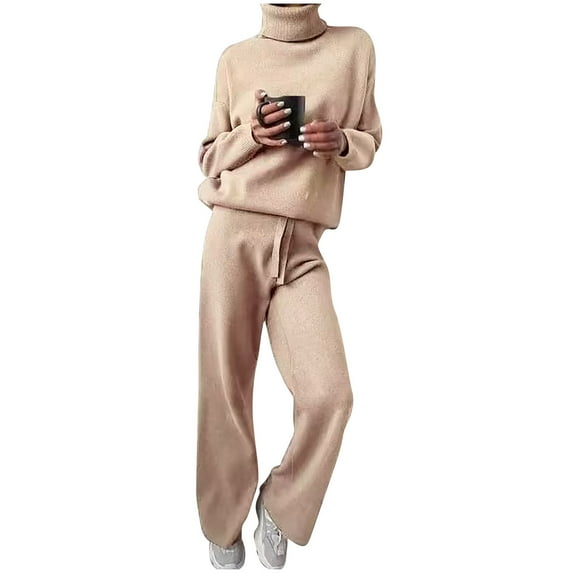 TrendVibe365 Ribbed Lounge Sets for Women Winter High Neck Solid Color Sweater Knitted Two Piece Set Khaki M