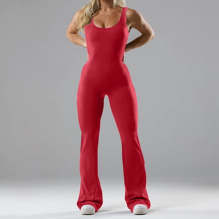 successthop Sleeveless Jumpsuits for Women Red Pants Solid Scoop