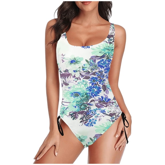 successthop Slimming Swimsuits for Women Blue One Piece Bathing Suits Thong Adjustable Shoulder Strap Floral Swimwear Beachwear S