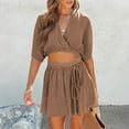 thumbnail image 1 of TrendVibe365 Soft Lounge Sets for Women Solid Color Croped Wrap V Neck Short Sleeve Shirts and High Waist Wide Leg Mini Skirts Basic Travel Pajamas Lounge Set Loungewear Summer Outfits, 1 of 7
