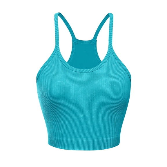 successthop Sport Bras for Women Ribbed Knit Wireless Push up Underoutfit Bralette Padded High Neck Racerback Spaghetti Strap Supportive Longline Corset Bra Crop Cami Top Comfy Underwear Blue S