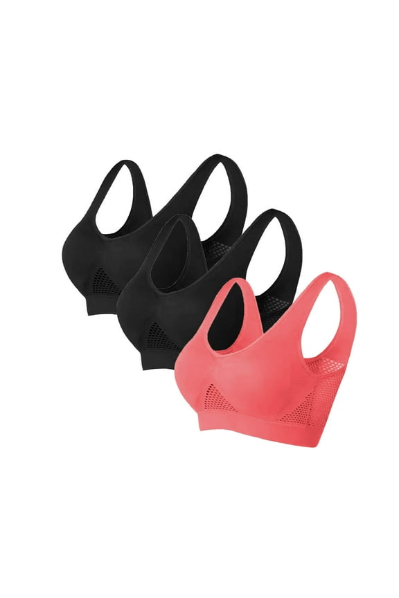 Sports Bra Women 3 Pack Mesh Wireless Push up Bralettes Padded U Back Wide Strap Supportive Bustier Full Coverage Crop Tank Top Comfortable Underwear Red 2XL