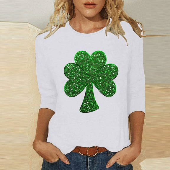 TrendVibe365 St Patricks Day 3/4 Sleeve Tops for Women 2025 Green Plus Size Round Neck Polyester Casual St. Patricks Day Blouse Tops for Irish Themed Gifts S