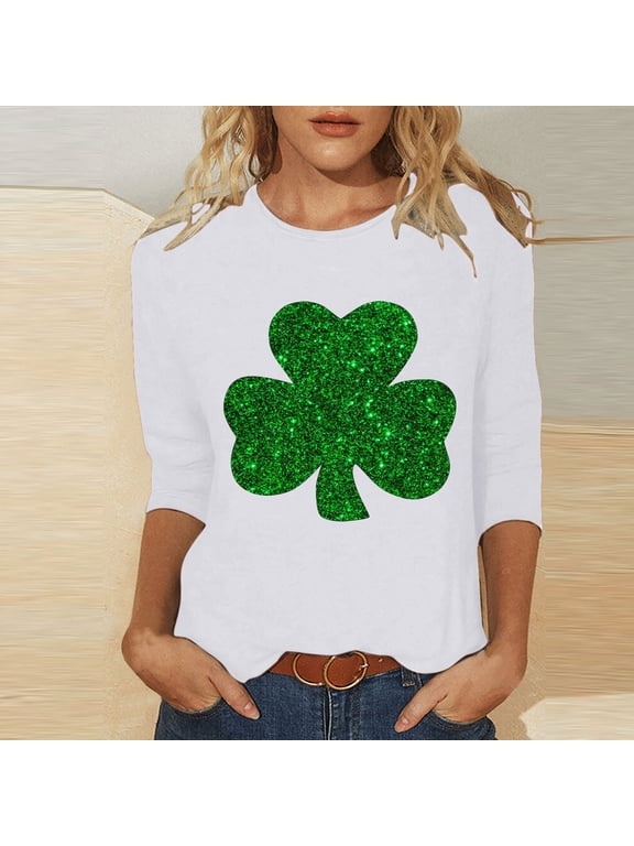 St Patricks Day 3/4 Womens Shirts Casual Green Plus Size Crew Neck Polyester Casual St. Patricks Day Blouse Tops for Irish Themed Gifts 4XL