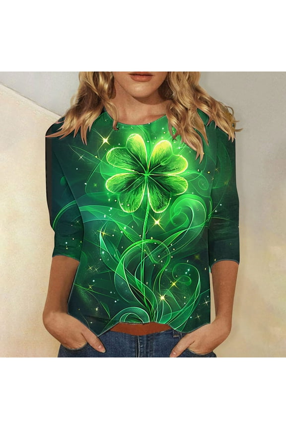 St Patricks Day Graphic Tees Women Green Shamrock Hat Paddy's Day Tees Crew Neck Holiday Shirts 3/4 Sleeve Gifts Tops Pullovers Novelty Y2K Clothes