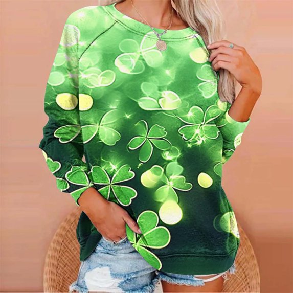 TrendVibe365 St Patricks Day Women's Sweatshirts Long Sleeve Plus Size Green Long Sleeve with Crew Neck Polyester No Hood Casual St. Patricks Day Blouse Tops for Irish Themed Gifts S