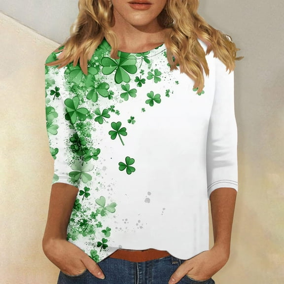 TrendVibe365 St Patricks Day Womens Plus Size Tops 3/4 Sleeve Green with Crew Neck Polyester Casual St. Patricks Day Blouse Tops for Irish Themed Gifts S