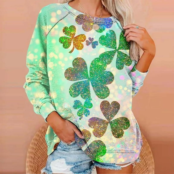 TrendVibe365 St Patricks Day Womens Plus Size Tops Long Sleeve Sweatshirts Green Long Sleeve Crew Neck Polyester No Hood Casual St. Patricks Day Blouse Tops for Irish Themed Gifts L