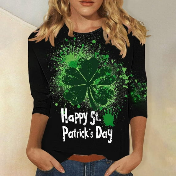 successthop St Patricks Day Womens Tops 3/4 Sleeve Green Plus Size with Crew Neck Polyester Casual St. Patricks Day Blouse Tops for Irish Themed Gifts 2XL