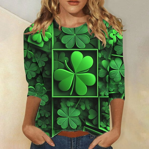 TrendVibe365 St Patricks Day Womens Tops 3/4 Sleeve T Shirt Green Plus Size Crew Neck Polyester Casual St. Patricks Day Blouse Tops for Irish Themed Gifts 2XL