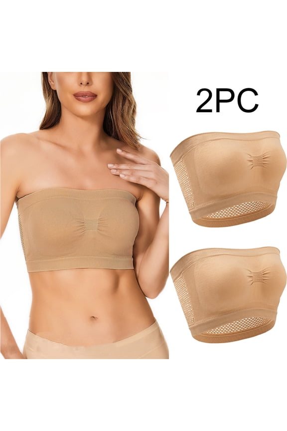 Strapless Bandeau Bra Women Pack of 2 Strapless Stretchy Mesh No Wire Push up Seamless Bralettes Padded Corset Full Coverage Cute Lingerie Nude L