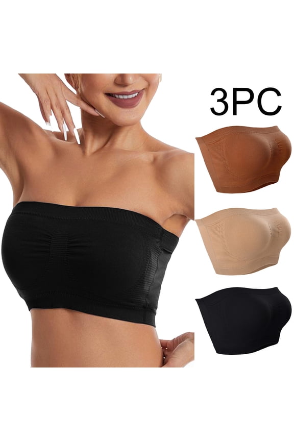 TrendVibe365 Strapless Bras for Women Multipack Invisible Stretchy No Underwire Push up Tshirt Bralette Padded Bustier Full Coverage Cute Lingerie Brown S