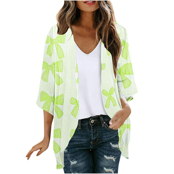 successthop Summer Beach Kimonos Women Casual Floral Print Sheer Cardigan 3/4 Sleeve Lightweight Boho Covers Up Dressy Plus Size Everyday Wear Beach Vacation Outfits Going Out Cardigan