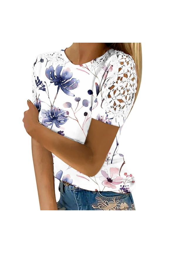 Summer Blouses for Women Blue Lace Shirts Vintage Retro Floral Flowy Tops Crew Neck T Shirt Short Sleeve Tee Blouse Formal Apparel