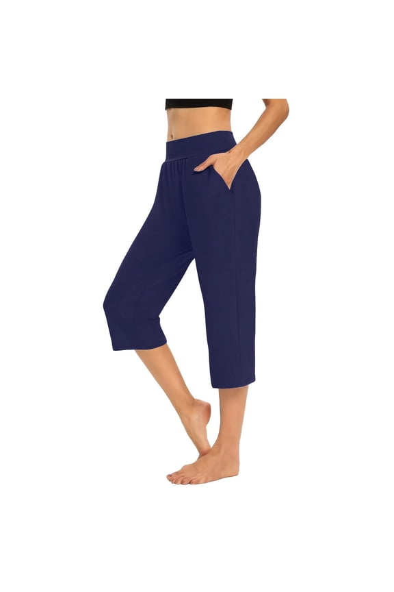 Summer Capris for Women 2024 Workout Trousers Stretchy Yoga Capris Athletic Mid Rise Straight Leg Pedal Pushers Capris Pants Summer Pull on Elastic Waist Trousers w Pockets Soft Resort