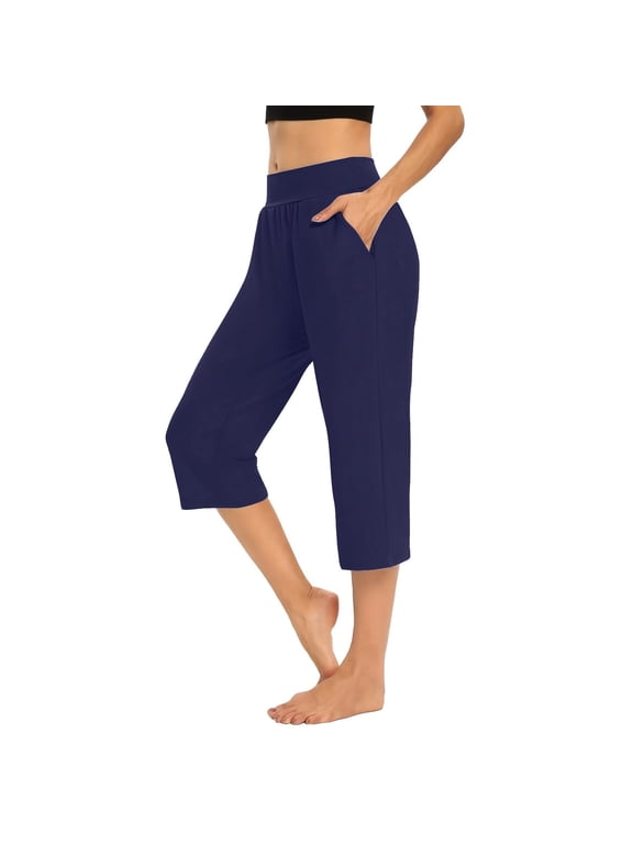 Summer Capris for Women 2024 Workout Trousers Stretchy Yoga Capris Athletic Mid Rise Straight Leg Pedal Pushers Capris Pants Summer Pull on Elastic Waist Trousers w Pockets Soft Resort