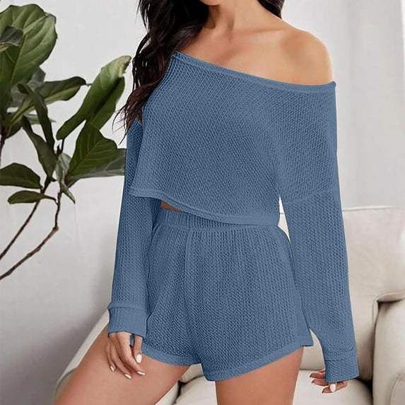 TrendVibe365 Summer Outfits for Women 2 Piece Solid Color Knit Bandeau Off Shoulder Long Sleeve Shirts and Shorts Casual Travel Pajamas Lounge Set Loungewear Summer Outfits