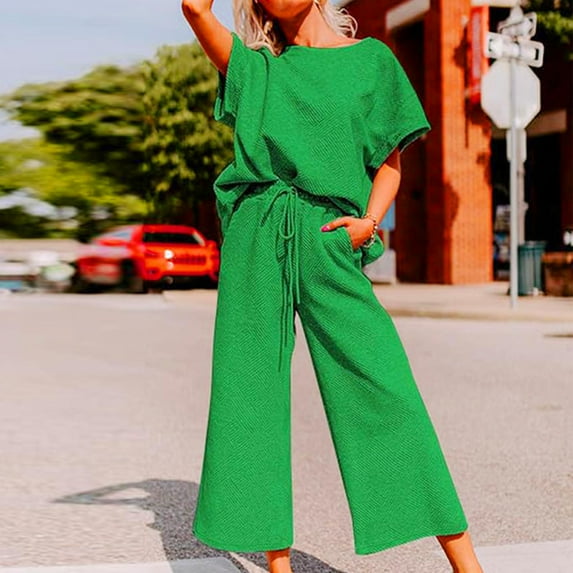 successthop Summer Outfits for Women Trendy Solid Color Baggy Crewneck Short Sleeve Shirts and Wide Leg Long Pants Casual Travel Pajamas Lounge Set Loungewear Summer Outfits