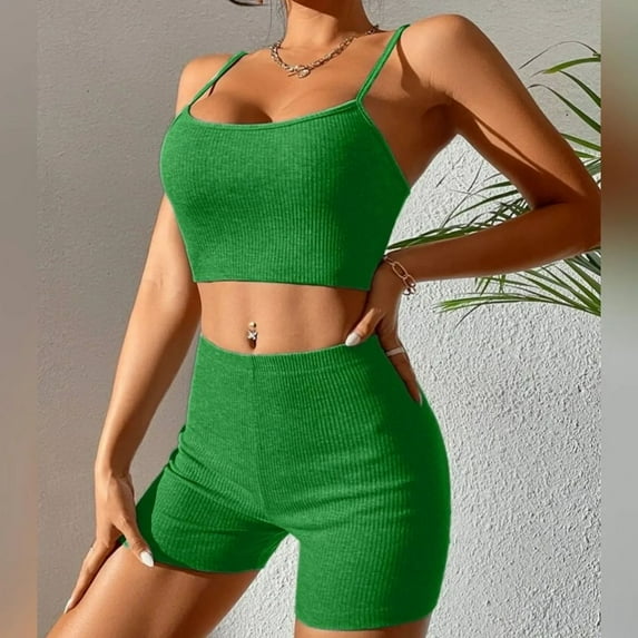 TrendVibe365 Summer Outfits for Women Vacation Solid Color Croped Ribbed Knit Bandeau Sleeveless Cami Shirts and Shorts Cosy Loose Fit Pajamas Lounge Set Loungewear Summer Outfits