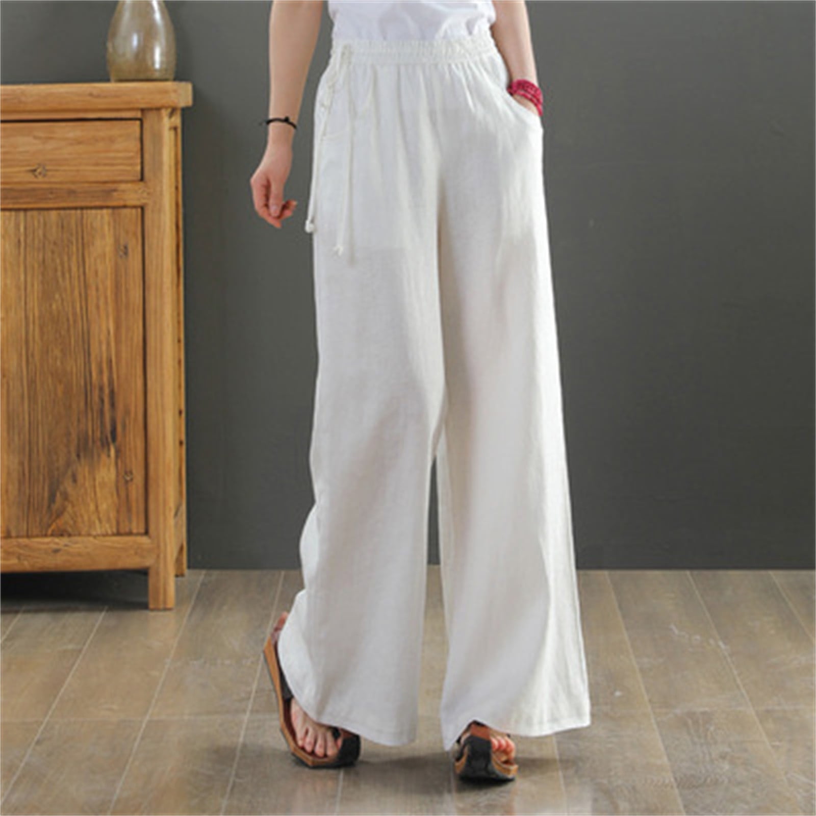 TrendVibe365 Summer Pants for Women 2024 Linen Blend Summer Beach Wide ...