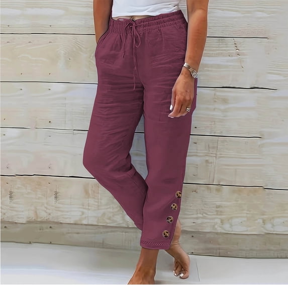 TrendVibe365 Summer Pants Womens Cotton Linen Summer Beach Pants Mid Rise Straight Leg Long Pants Fashion Button Elastic Waist Drawstring Trousers w Pockets Relaxed Soft