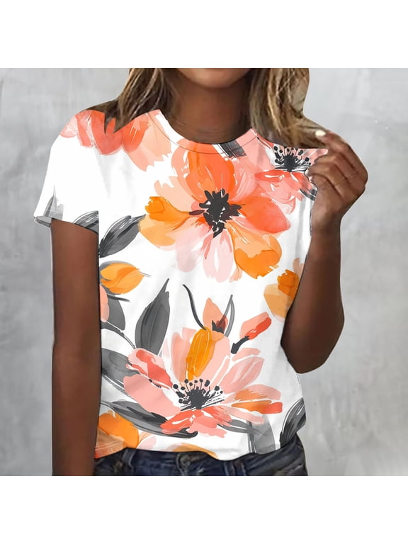 Summer Shirts for Women Orange Shirt Vintage Retro Floral Lightweight Top Crew Neck T-Shirts Short Sleeve Tees Blouse Business Resort Wear