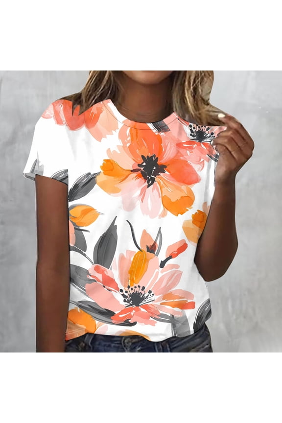 Summer Shirts for Women Orange Shirts Vintage Retro Floral Flattering Tops Crew Neck T Shirt Short Sleeve Tee Blouse Cute Outfits