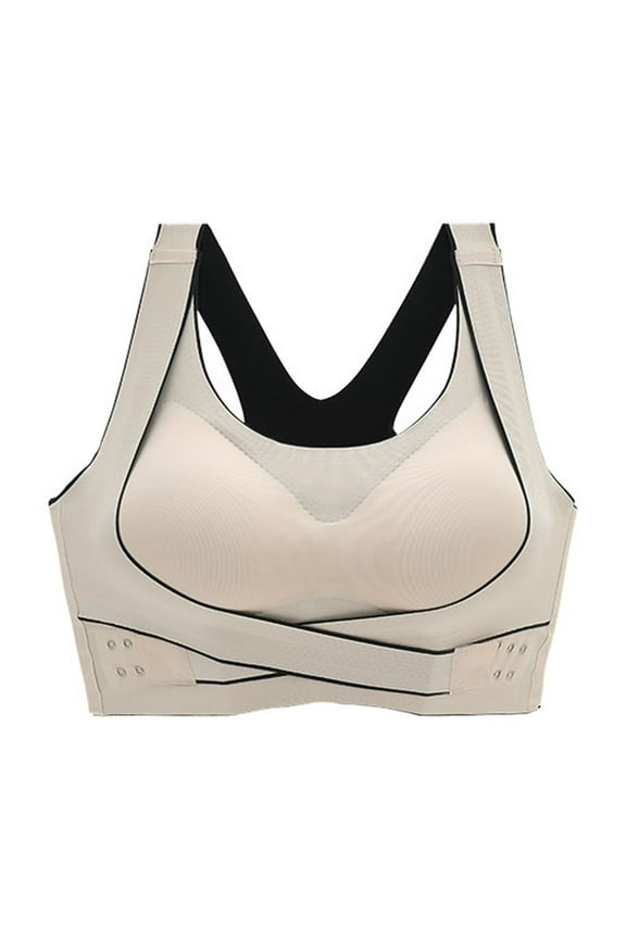Supportive Sports Bras for Women Wireless Push up Bralettes Padded Cross Side Buckle Front Crossover Back Wide Strap Support Bustier Full Coverage Crop Tank Top Comfy Shapewear Nude 2XL